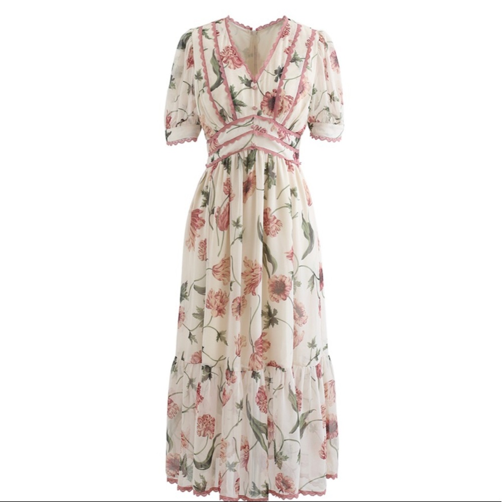 LACEY EDGE FLORAL PRINTED CHIFFON DRESS (pre-loved) - Picture 1 of 15